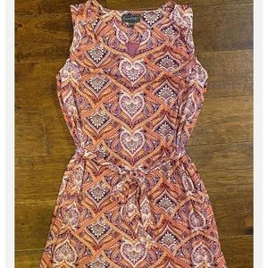 Luxology Sz Small Sleeveless Pink Coral Purple Paisley Shift Dress w/ Tie Belt.